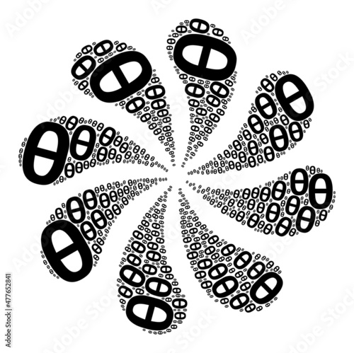 Theta Greek lowercase symbol icon exploding cluster flower salute shape. Flower cluster designed from scattered Theta Greek lowercase symbol icons.