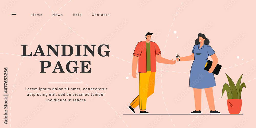 Naklejka premium Cartoon doctor giving medicine to man. Flat vector illustration. Woman in white coat holding out tube or jar of pills to guy. Medicine, treatment, disease concept for banner design or landing page