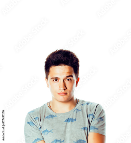 young attractive man isolated thinking emotional on white close up gesturing smiling, lifestyle people concept