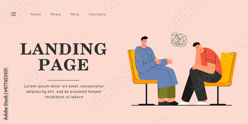 Psychotherapeutic session flat vector illustration. Man attending psychotherapist, sorting out his problems and psychological trauma. Mental treatment, psychotherapeutics, medicine help concept