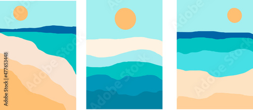 Collection of minimalistic simple abstractions in beach and sea (ocean) style with sun