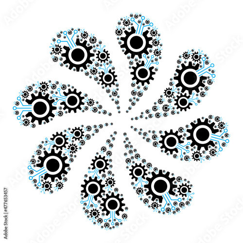 Gear interface icon exploding bang flower salute composition. Flower cycle combined from random gear interface icons.