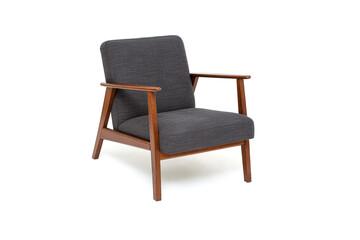 Vintage arm chair with wood armrests, armchair with solid wood frame construction on white background