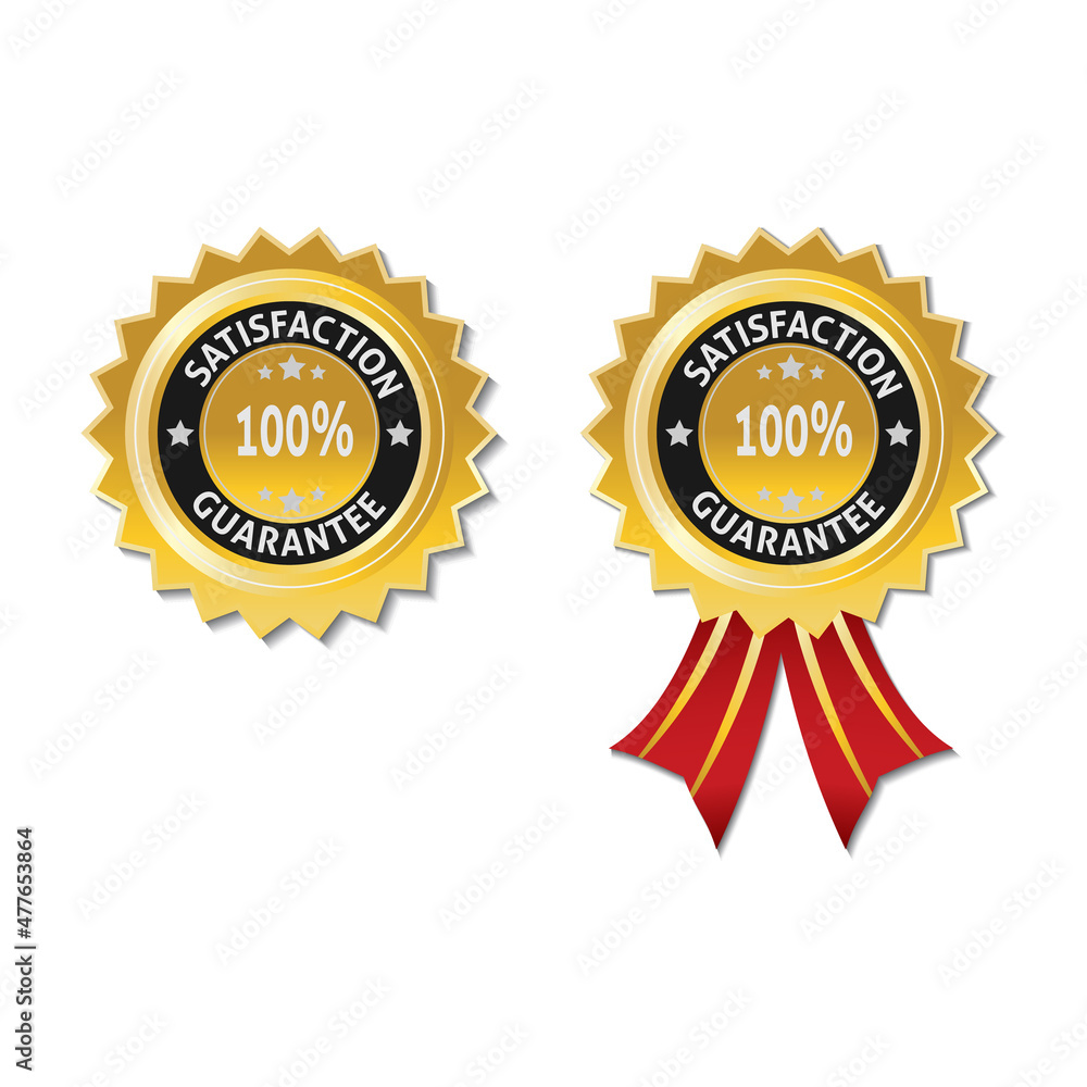 customer satisfaction guarantee 100 percent in gold color and red ribbon customer satisfaction guarantee 100 percent in gold color and red ribbon