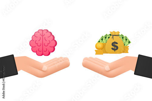 For concept design. Vector illustration of mechanism to compare value of brainwork and money on scales.Mental health concept.