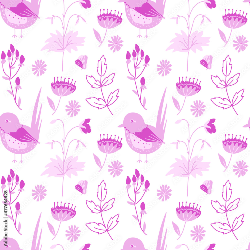 Valentine's Day vector seamless pattern with birds, flowers and butterflies in pink on white.Festive,doodle style hand drawn favorite.Designs in wrapping paper,textiles,scrapbook,packaging,wallpaper.