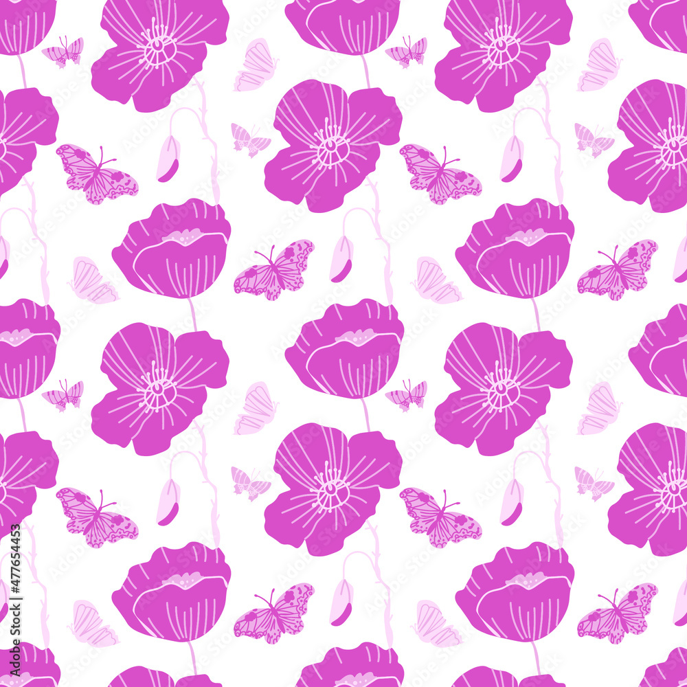 Valentine's Day vector seamless pattern with birds, flowers and butterflies in pink on white.Festive,doodle style hand drawn favorite.Designs in wrapping paper,textiles,scrapbook,packaging,wallpaper.