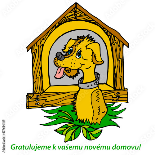 postcard in Czech with a housewarming party, cartoon, animal,  dog, illustration, vector, mammal,  drawing, wild, pet, isolated, cute, brown, puppy, fun, fur, art, wildlife, smile, nature, zoo