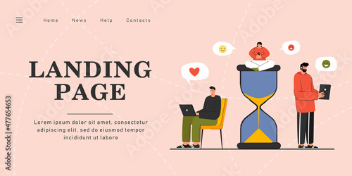 Tiny people spending their time in Internet. Flat vector illustration. Cartoon users checking online reviews with giant sandglass nearby. Social media, Internet, time management concept for design