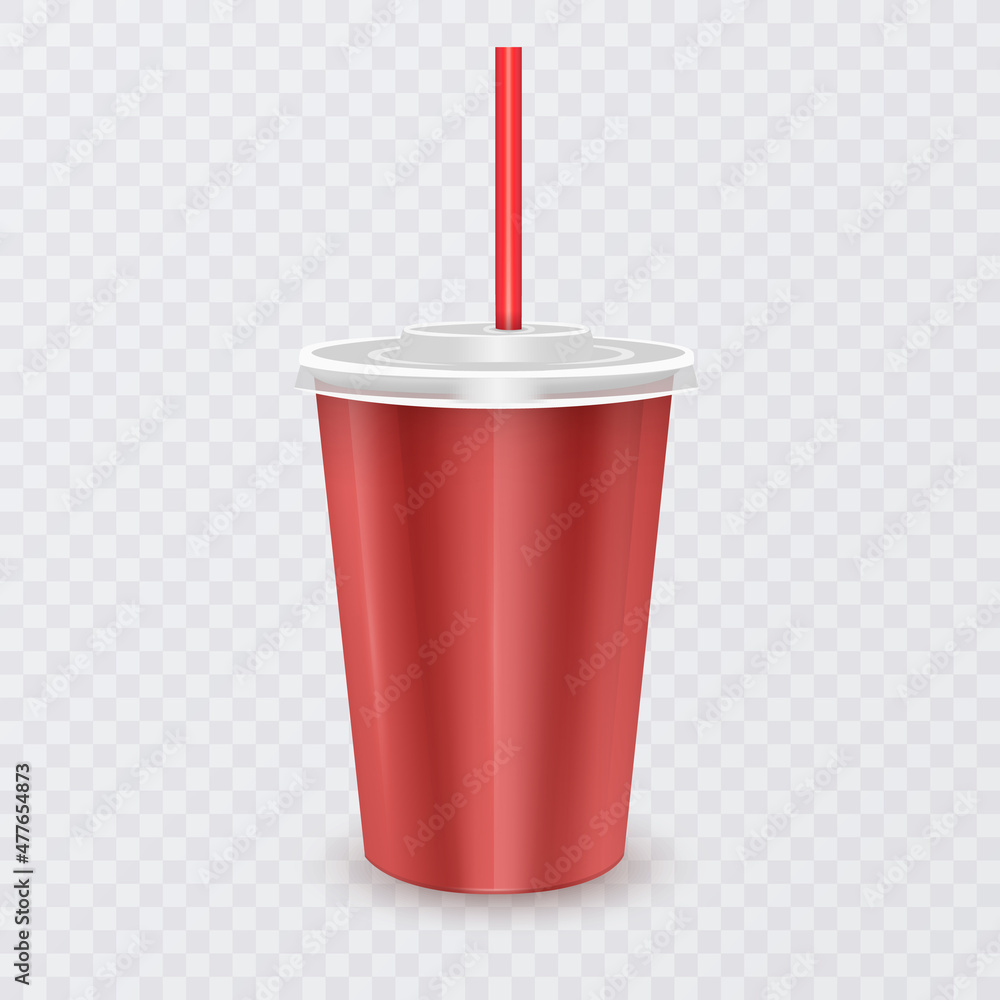 Paper disposable cup with lid and drinking straw for cold beverage -soda, ice tea, cocktail, milkshake, juice. Vector 3d illustration Paper disposable cup with lid and drinking straw for cold beverage -soda, ice tea, cocktail, milkshake, juice. Vector 3d illustration