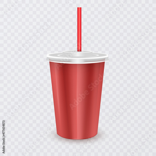 Paper disposable cup with lid and drinking straw for cold beverage -soda, ice tea, cocktail, milkshake, juice. Vector 3d illustration