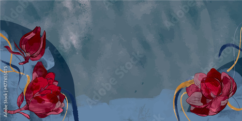 Fondo banner de motivos florales de acuarela en tonos rojos, azules y un toque de dorado, con espacio para texto e imágenes