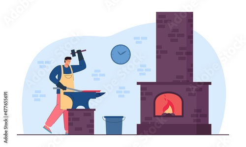 Hard work of blacksmith and craftsman forging iron on anvil. Man in leather apron working with hammer on hot metal stick near forge flat vector illustration. Smithy workshop, craft profession concept