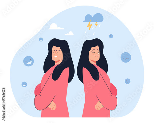 Woman with happy and sad face suffering from bipolar disorder. Portrait of girl with negative and positive mood, behavior problems of female character flat vector illustration. Illness, crisis concept