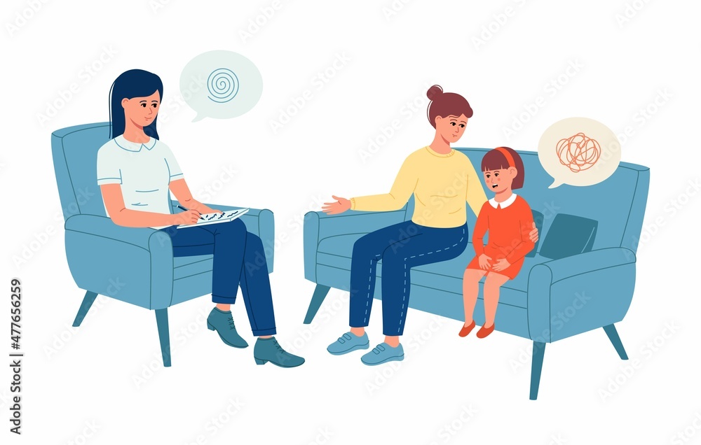 Mother and daughter in the office of a child psychologist. Family consultation. Psychologist and professional support concept. Vector illustration Mother and daughter in the office of a child psychologist. Family consultation. Psychologist and professional support concept. Vector illustration