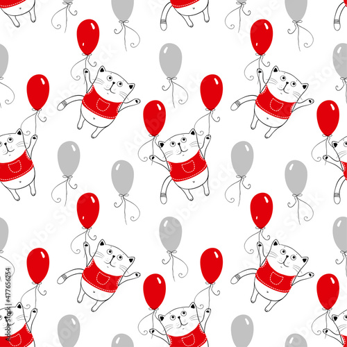Funny cats with red balloons seamless vector pattern. Doodle art. Vector illustration