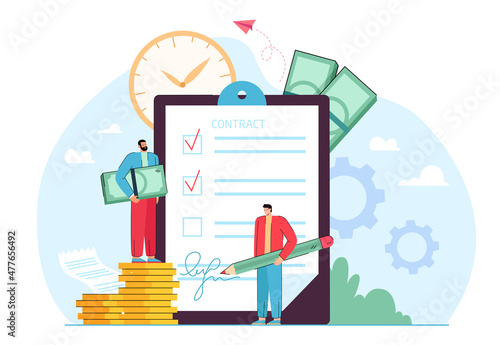 Man signing loan contract agreement. Tiny person holding pencil, standing near paper document with signature on clipboard flat vector illustration. Mortgage service, bank credit, interest concept