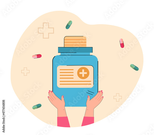 Tiny human hands holding bottle of medication with falling pills in background. Medical therapy flat vector illustration. Healthcare, drugstore concept for banner, website design or landing web page