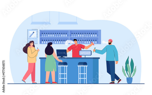 Group of adult hipsters buying vaporizers in vape shop. People standing near showcase with electronic cigarettes and enjoying vapors flat vector illustration. Alternative smoking, lifestyle concept