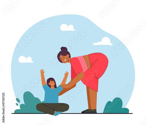 Indian woman bending down to hold her daughter. Mother caring of child flat vector illustration. Parenthood, family relationship, love concept for banner, website design or landing web page