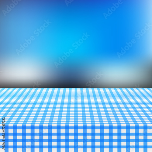 Blue corner tablecloth on white wood table. Vector stock illustration.