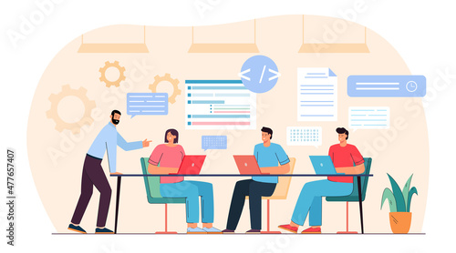 Team of programmers working on program code with laptops. Teamwork of male and female professional testers and coders flat vector illustration. Software development, programming lesson concept