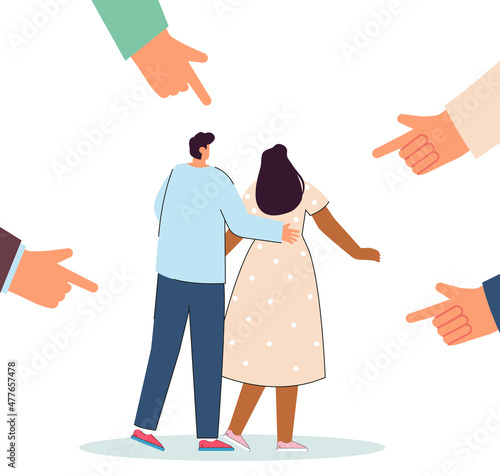 Hugging man and woman of color surrounded by hands pointing index fingers. People condemning interracial couple flat vector illustration. Society concept for banner, website design or landing web page photo