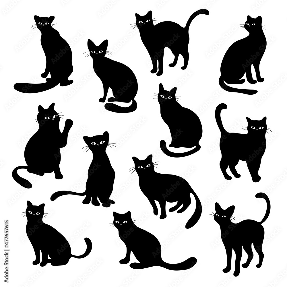 Vector set of isolated cat silhouettes with black cats, vector illustration