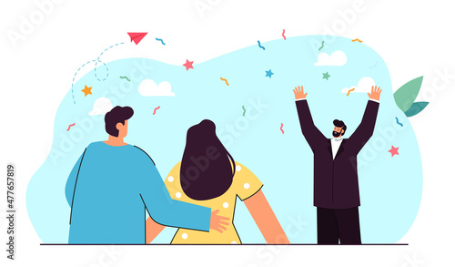 Couple looking at businessman with hands up and confetti above head. Man celebrating victory flat vector illustration. Support and success concept for banner, website design or landing web page