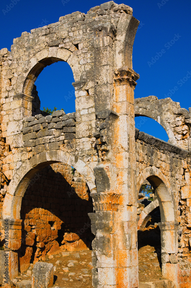 Kizkalesi,Turkey-October 11,2021:Detailed view ruins of antique city. Kanlidivane ancient city in Mersin Province, Turkey. Open air museum
