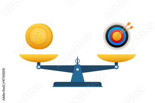 Concept of investment in target with coin, target sign and scales. Vector stock illustration.