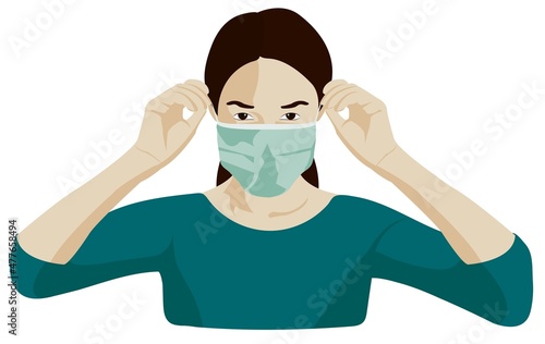 Prevention, use of the mask, defenses against the virus. Surgical mask. Person wearing a protective tool against viruses. COVID-19. How to wear the mask. Coronavirus
