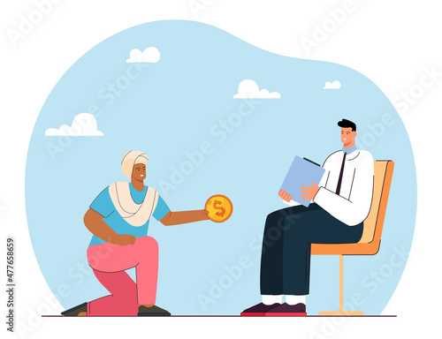 Indian man on one knee holding dollar coin and stretching it to businessman on chair. Employer paying worker flat vector illustration. Work force concept for banner, website design or landing web page