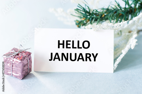 Hello January text on a card on a blue background next to the gift and white and green branches