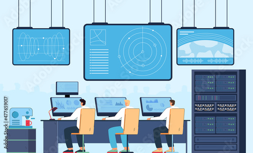 Surveillance and control of scientists over launch of spaceship. Space flight command from space center with working team of people at computer monitors flat vector illustration. Space station concept