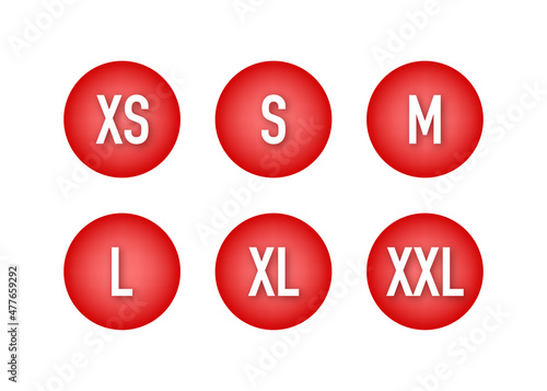 Size clothes tag set in flat style on red background. Vector flat illustration. Set collection.