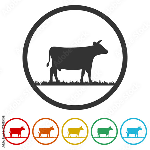 Silhouette of a cow icon isolated on white background, color set