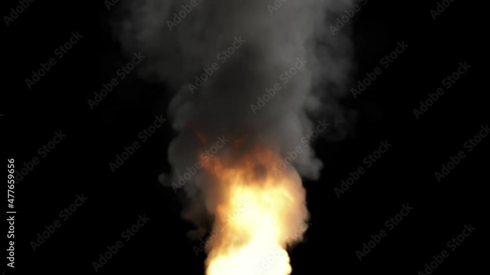 Against a black background, a powerful column of flame erupts from a mass of white smoke that turns gray as it travels into the sky. Against a black background, a powerful column of flame erupts from a mass of white smoke that turns gray as it travels into the sky.