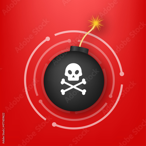Flat illustration. Shield icon. Abstract icon with red cyber attack. Bomb logo on red background. Phishing scam.