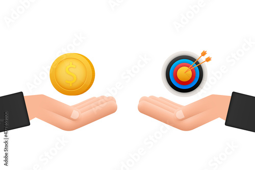 Concept of investment in target with coin, target sign and scales. Vector stock illustration.