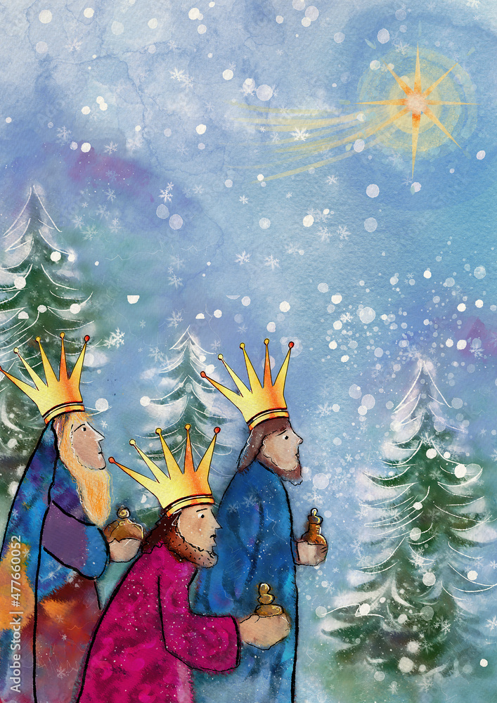 Road to Bethlehem. Three kings. Merry Christmas card. Watercolor.