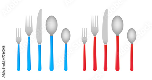 Knife and fork. Cutlery, dishes, coffee spoon, spoon. Red and blue litchen utensils. Vector stock illustration.
