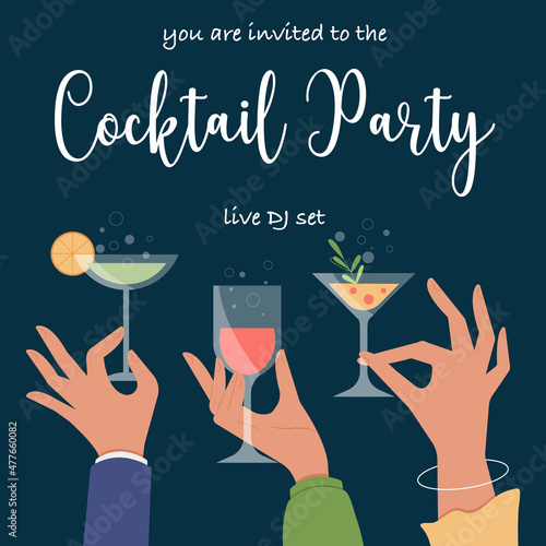 Cocktail party invitation card template. Editable disco poster with dark blue background and hands holding glasses with cocktails. Vector illustration.