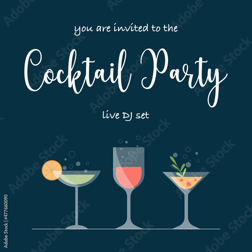 Cocktail party editable invite brochure. Discotheque or bar banner template with alcoholic cocktail drinks in glasses. Event invitation flyer design concept. Vector illustration.