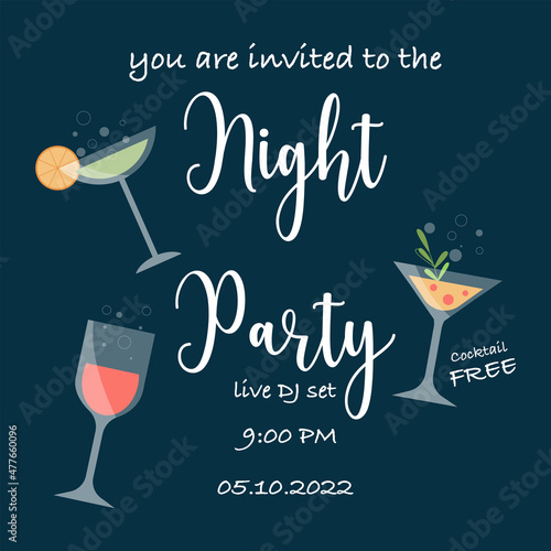 Night cocktail party label. Editable design for cocktail menu or advertising. Night party, bar or club poster with cocktails in glasses. Vector illustration in flat style.