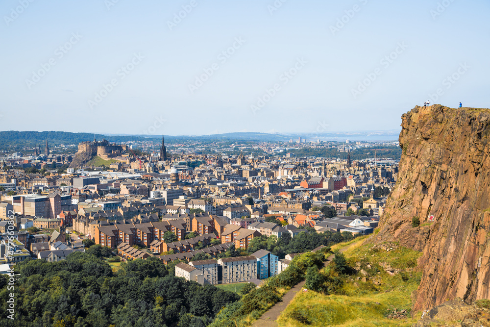 Fototapeta premium Scotland, Edinburgh old city view from the Arthur's sit, nature Holyrood park. View include castle of Edinburgh 