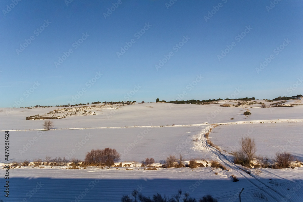 Landscape of spanish snowy countryside during Storm Filomena in January 2021