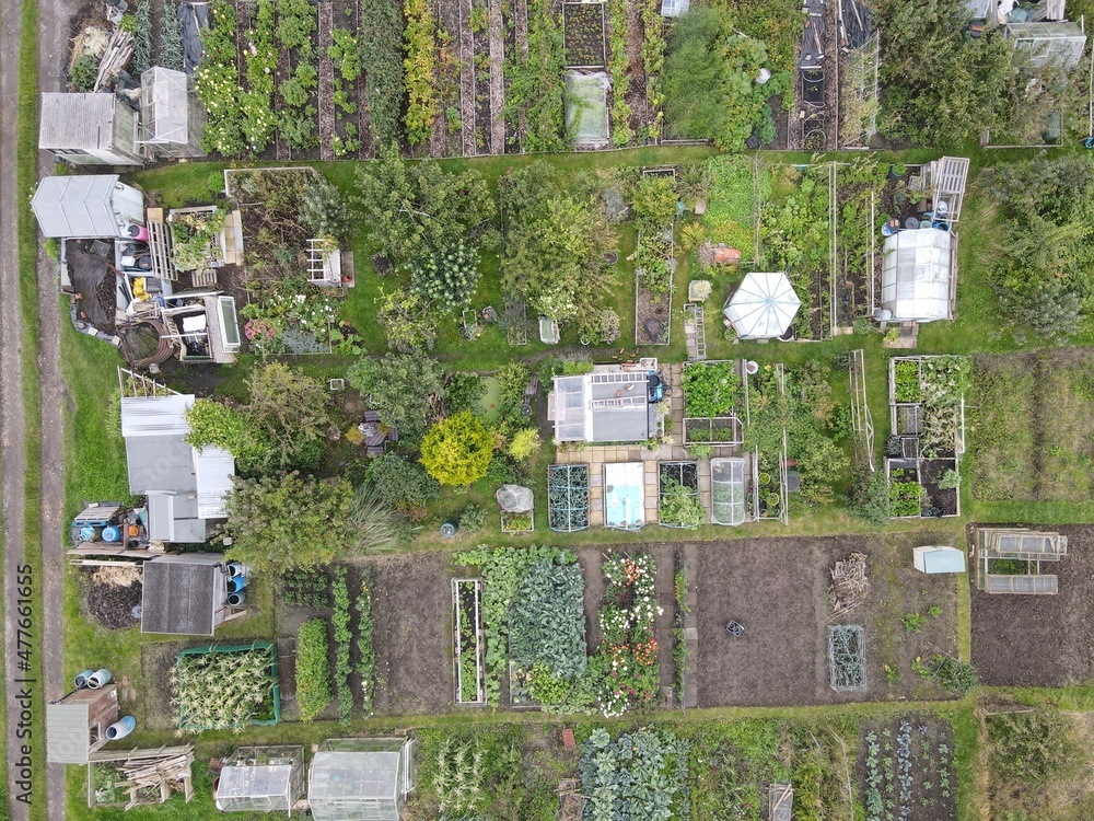 Overhead view of allotment gardens in Hull, UK