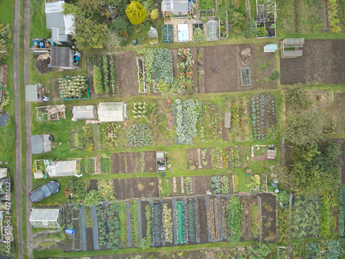 Overhead view of allotment gardens in Hull, UK