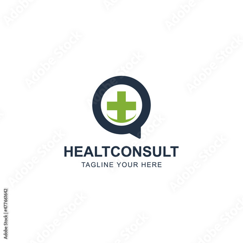 Health consulting logo template. Speech bubble and Cross icon vector design. Medical Consult logotype